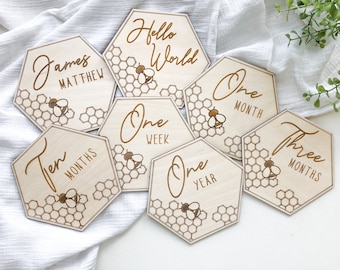 Honey Comb & Bee Monthly Milestones Markers | Baby Shower | Newborn Birth Announcement | Laser Engraved Wood Photo Prop | Baby Gift