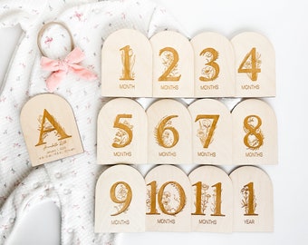 Floral Number Baby Monthly Milestone Markers | Personalized Wooden Photo Props Keepsake