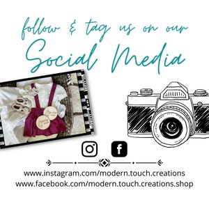 May include: A photo collage featuring a white shirt, burgundy dungarees, and white shoes. The collage is framed with a film strip border. The text "follow & tag us on our Social Media" is written in teal blue. Below the collage are Instagram and Facebook icons. The text "www.instagram.com/modern.touch.creations" and "www.facebook.com/modern.touch.creations.shop" are written below the icons. A black and white sketch of a vintage camera is above the icons.
