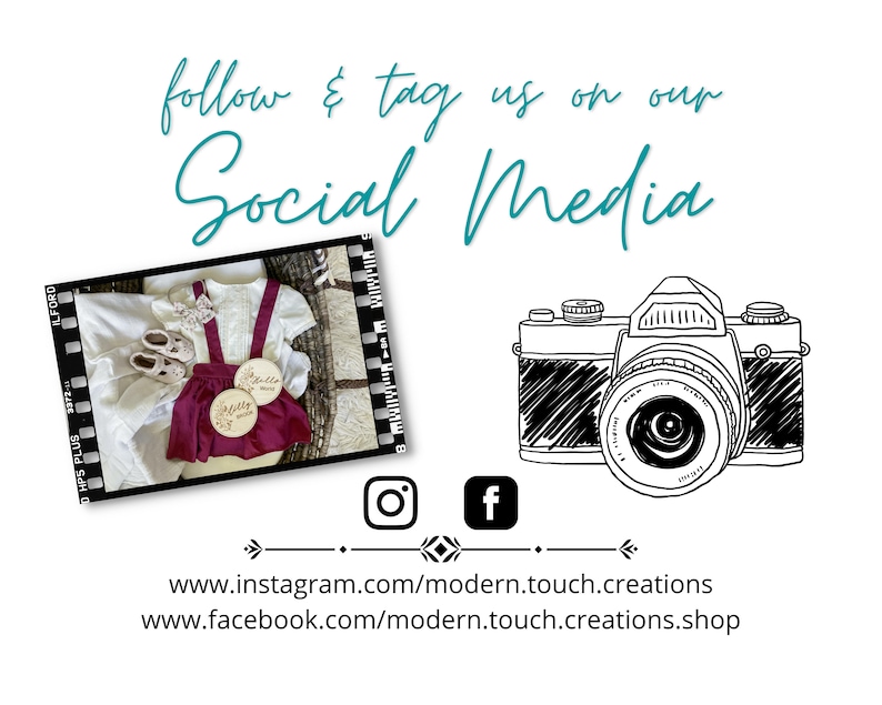 May include: A photo collage featuring a white shirt, burgundy dungarees, and white shoes. The collage is framed with a film strip border. The text "follow & tag us on our Social Media" is written in teal blue. Below the collage are Instagram and Facebook icons. The text "www.instagram.com/modern.touch.creations" and "www.facebook.com/modern.touch.creations.shop" are written below the icons. A black and white sketch of a vintage camera is above the icons.