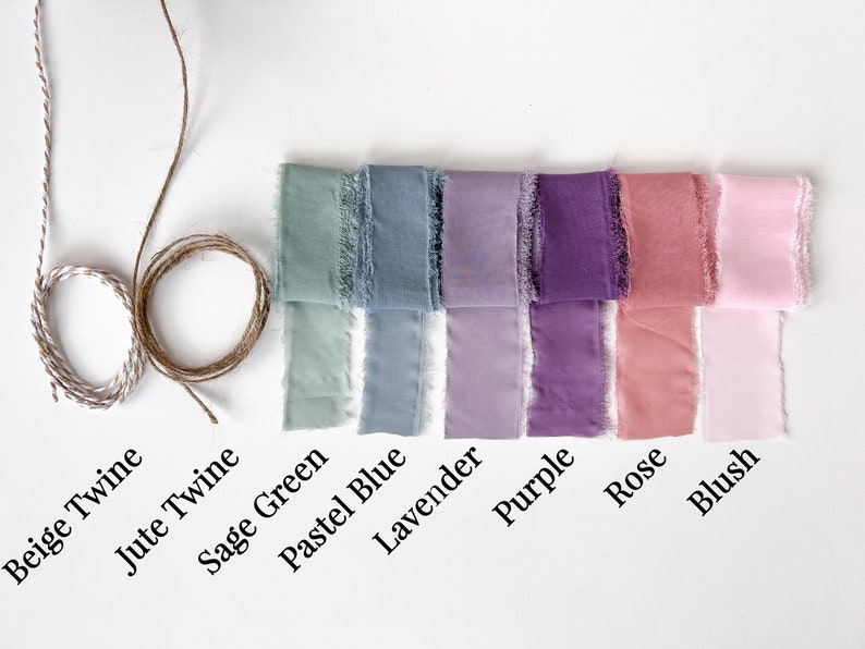 May include: Assortment of eight colours of ribbon, including sage green, pastel blue, lavender, purple, rose, and blush.  Also included are two spools of twine, one beige and one jute.