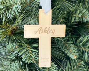 Personalized Christening Ornament | Name Date Custom Baptism Ornament | Mirrored Gold Acrylic Christened Ornament Keepsake | Baby Dedication