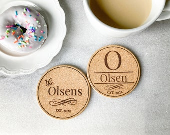 Modern Personalized Cork Coaster | Custom Last Name Coaster | Laser Engraved | Set of 4 | Gift Set | Wedding Gift Holiday Christmas Gift