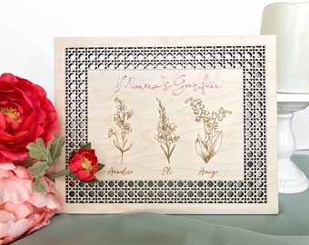 Personalized Rattan Wicker Birth Month Flower Sign | Wood Modern Mother's Day Sign | Grandmother | Personalized Mother's Day Gift