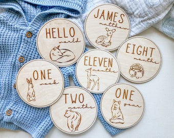 Woodland Animals Milestones Markers | Baby Shower | Newborn Birth Announcement | Laser Engraved Wood Photo Prop | Baby Gift