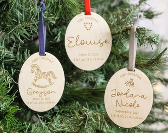 Personalized Baby's First Christmas Ornament | Birth Stats Keepsake | Engraved Wood Baby Ornament