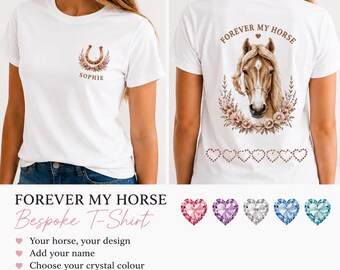 May include: A white t-shirt featuring a small horseshoe and floral graphic with the name SOPHIE on the front left chest. The back displays a large horse head illustration surrounded by flowers, the text FOREVER MY HORSE, and a row of hearts.
