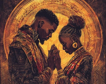 May include: Digital art print of a Black couple in prayer, set against a golden, ornate background. The couple is depicted with closed eyes and clasped hands, wearing detailed, patterned clothing in shades of brown, red, and gold. The artwork has a spiritual theme.