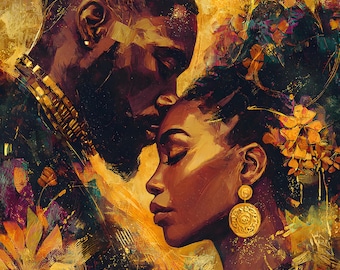 May include: An artistic painting depicts a tender moment between two people. The man, with a dark complexion, is leaning in to touch the woman's forehead. The woman has closed eyes and is wearing gold earrings. The artwork uses a warm color palette.