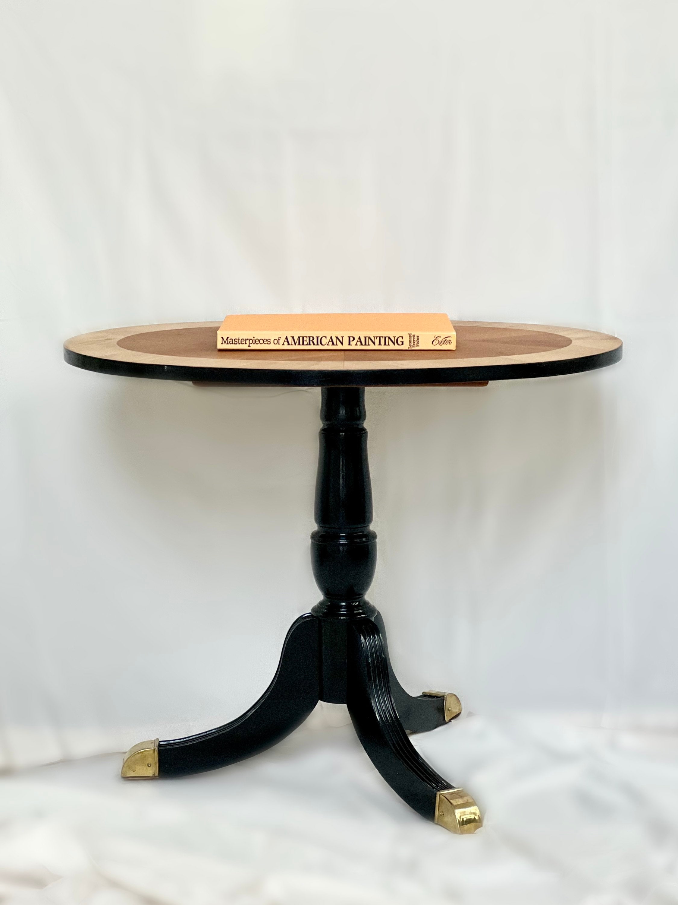Oval Pedestal Vintage Solid Pine Inlay Pedestal Table With Black