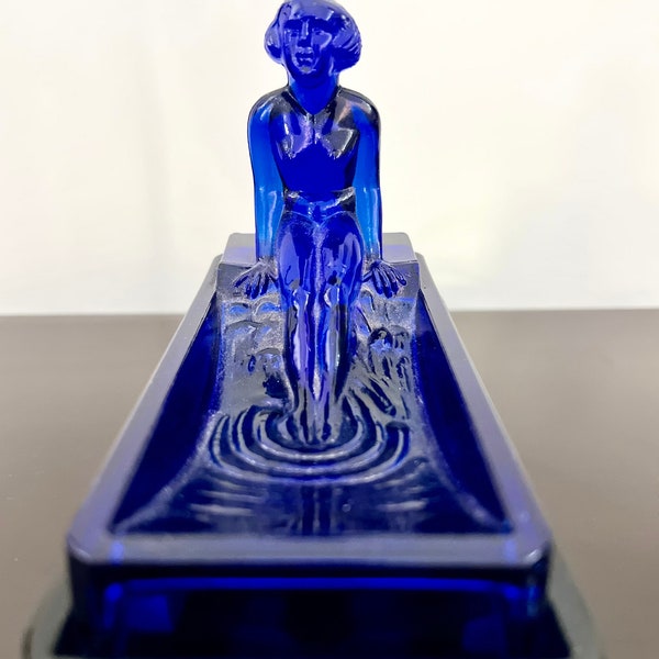 Lady By The Water - Art Deco Sarsaparilla Cobalt Blue Handblown Glass Accent Lamp with Nude Lady 1981