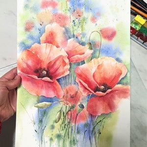 Spring Poppies Original Watercolor Painting Wild Red Flowers Hand painted Contamporary Aquarelle Floral Bouquet Landscape Realistic Handmade