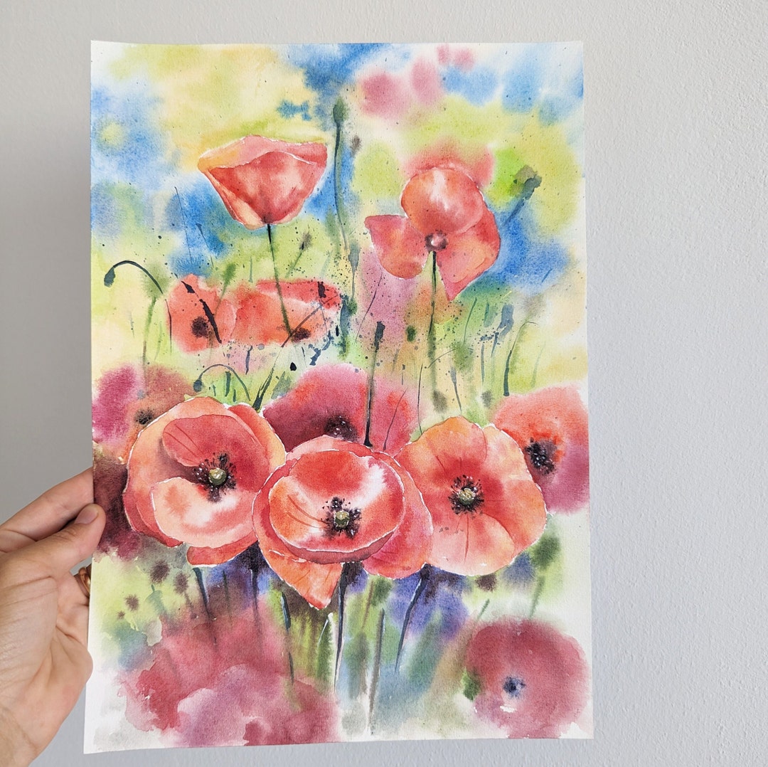 Red Poppies Original Watercolor Painting Red Flowers Feild Hand Painted ...