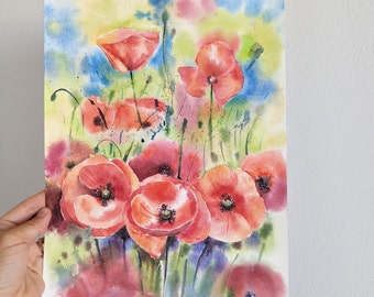 Red Poppies Original Watercolor Painting Red Flowers Feild Hand painted Contamporary Aquarelle Artwork Spring Landscape Poppy Bouquet