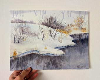 雪の中のウサギ – オリジナルの水彩画、ウサギの絵、冬の風景、降雪