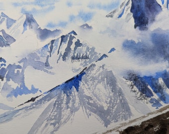 雪山の頂上 オリジナル水彩画 冬の風景 手描きの雪山 手描きの水彩画