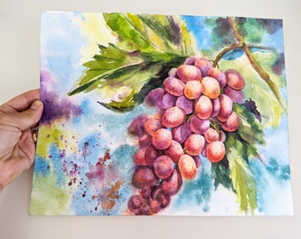Sunny Grapes Contemporary Original Watercolor Paper Painting Hand painted Vibrant Still Life Kitchen Art Wall Decor painted gift ideaFruits