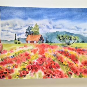 Spring Poppy Flowers Field Original Watercolor painting Hand painted Aquarelle Landscape Hand drawn Wall Decor