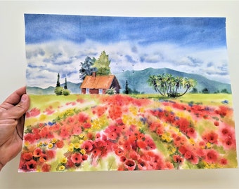 Spring Poppy Flowers Field Original Watercolor painting Hand painted Aquarelle Landscape Hand drawn Wall Decor