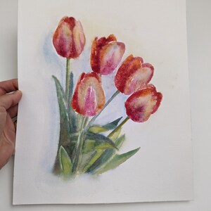 Tulpen Original Aquarell Malerei Blumen Aquarell Blumen Handgemalter Strauß Frühling Handgemachte Rote Frühlingsblumen Realismus Geschenk für Sie