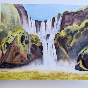 Waterfall Ouzoud original watercolor painting Summer Nature Aquarelle Handmade Hand painted Mountain Water Lake Realistic Landscape Water