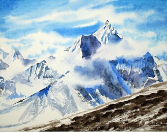 雪山の頂上 オリジナル水彩画 冬の風景 手描きの雪山 手描きの水彩画