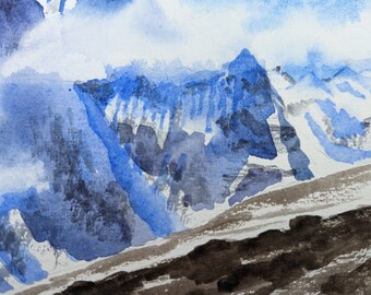 雪山の頂上 オリジナル水彩画 冬の風景 手描きの雪山 手描きの水彩画