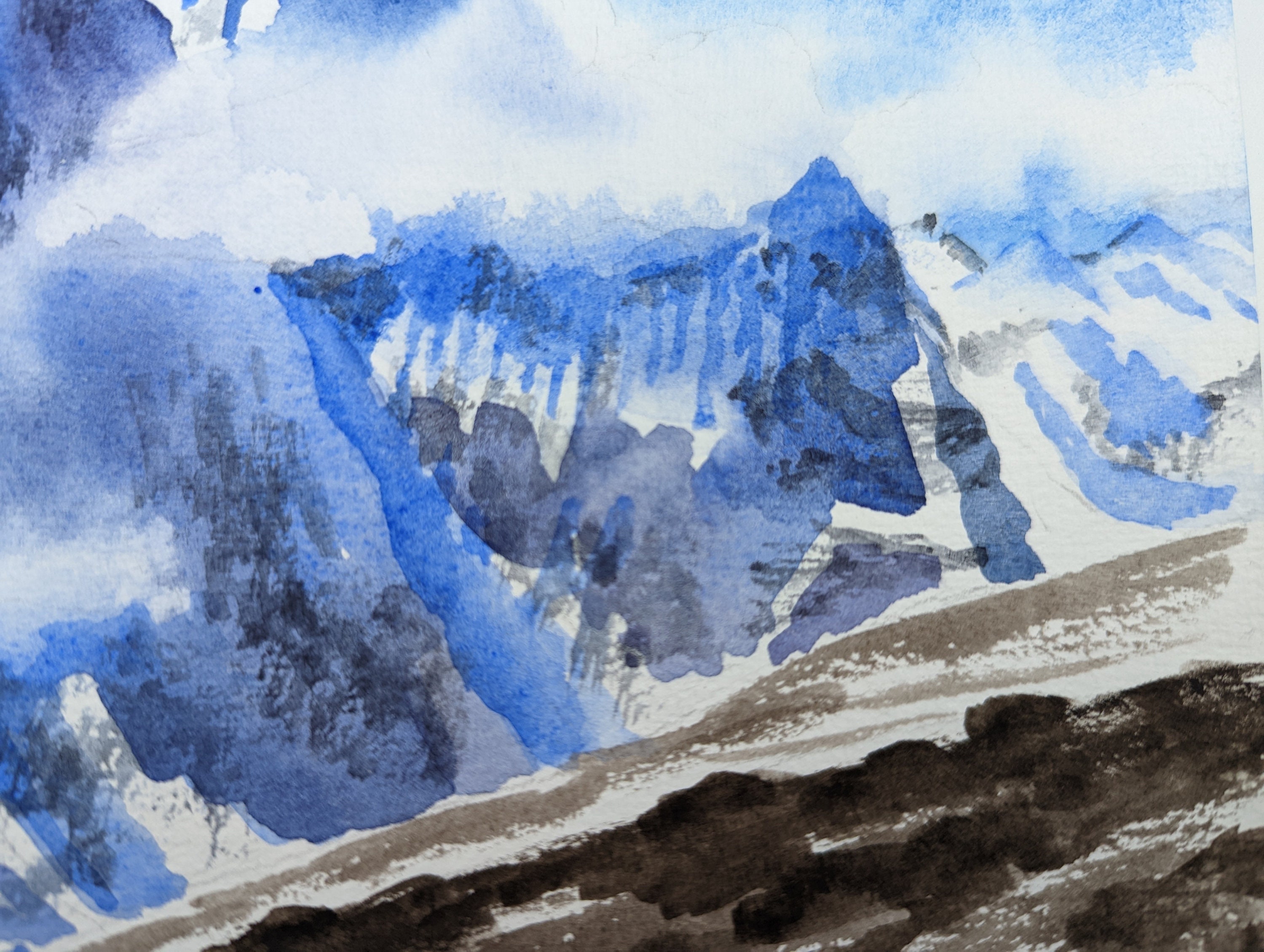雪山の頂上 オリジナル水彩画 冬の風景 手描きの雪山 手描きの
