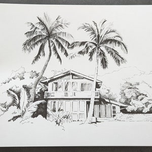 May include: Black and white ink drawing of a house with a large porch and two palm trees in front. The house has a gabled roof and large windows. The palm trees are drawn with detail and have long fronds.