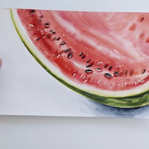 Wassermelone halber Schnitt - Original Aquarell Malerei Sommer Rote Früchte Realistische Stillleben Handgemalt Aquarelle Botanische Realismus