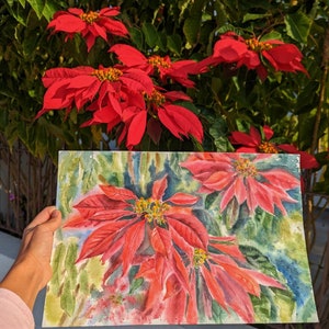 ポインセチアの赤い花 - クリスマスの星 オリジナル水彩画 手描き コンタンポラ 自然 花 リアルな花束