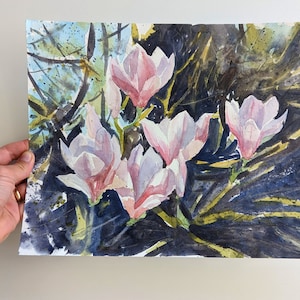 Magnolia Original Watercolor Painting Impressionism Aquarelle Flower Artwork Landscape Hand painted Bouquet Handmade Botanical Plants Nature
