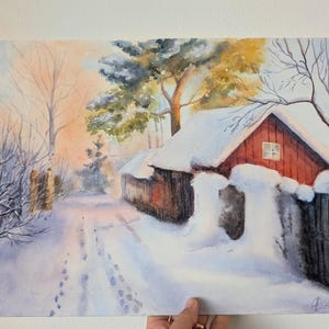 雪山の頂上 オリジナル水彩画 冬の風景 手描きの雪山 手描きの水彩画