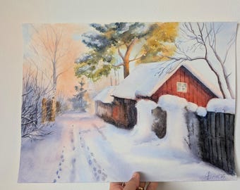雪山の頂上 オリジナル水彩画 冬の風景 手描きの雪山 手描きの水彩画