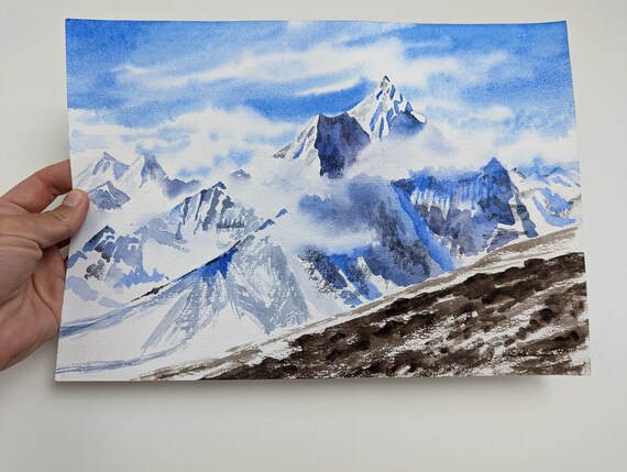 Snowy Mountain Tops Original Watercolor Painting Winter