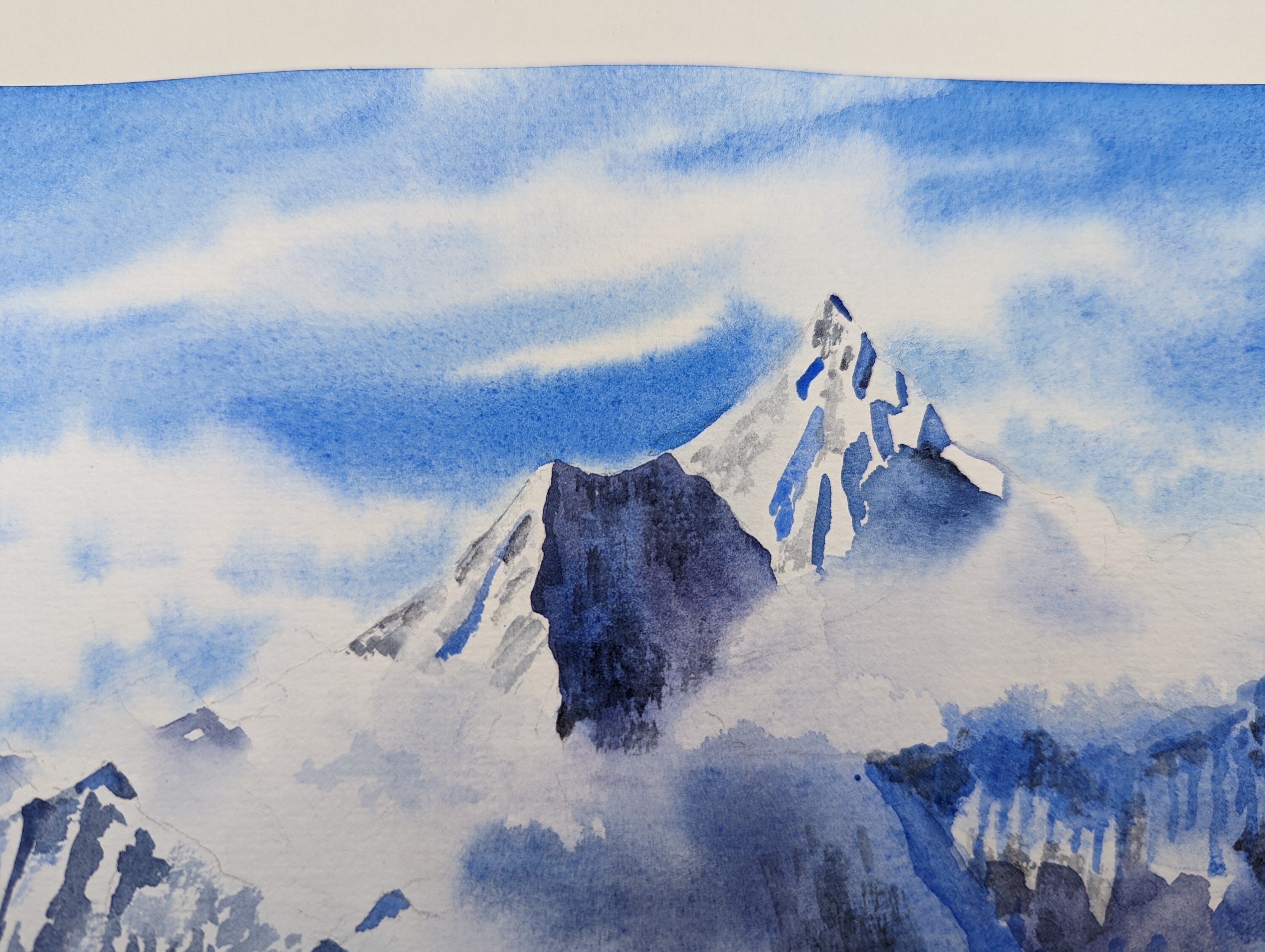 雪山の頂上 オリジナル水彩画 冬の風景 手描きの雪山 手描きの