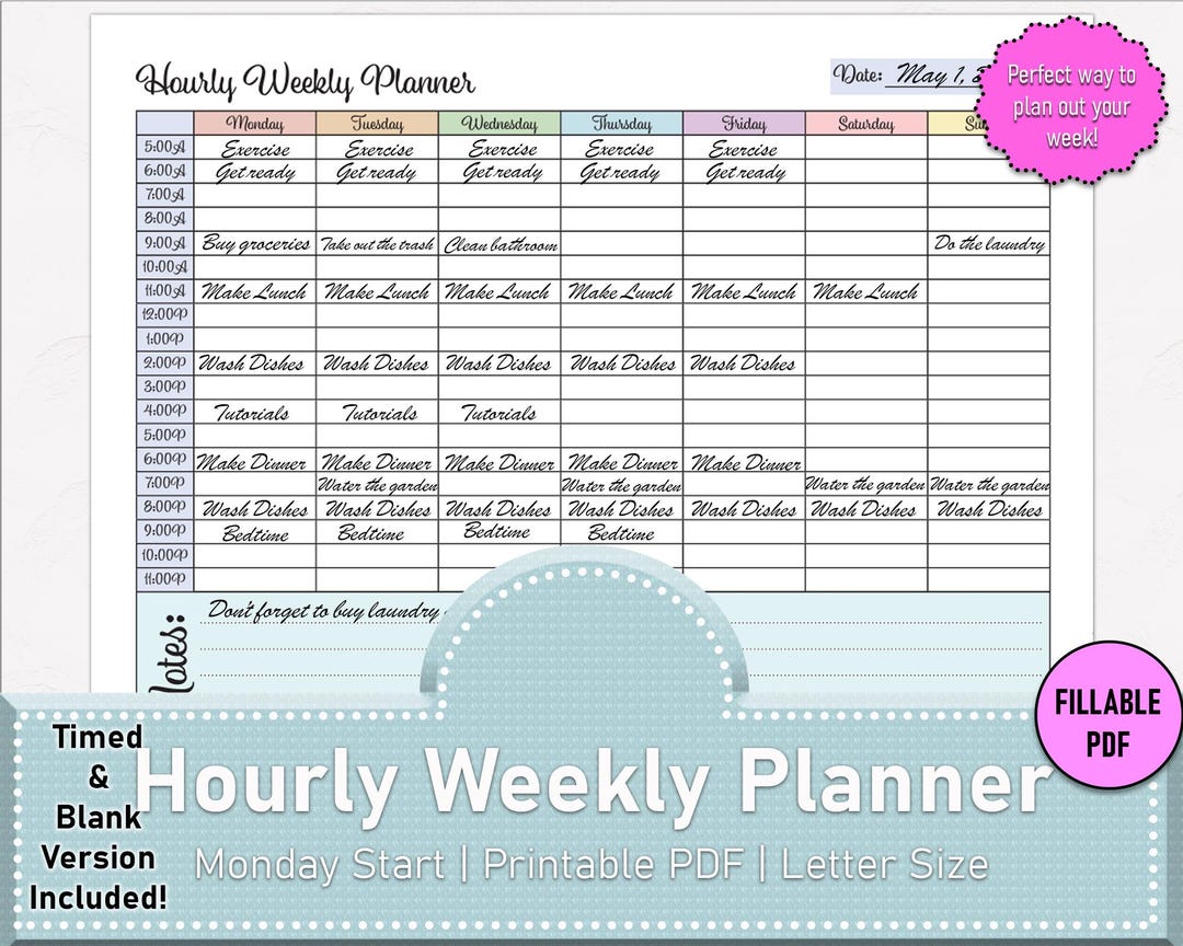 Hourly Weekly Planner Template: Fillable Schedule Organizer PDF, 2025 ...