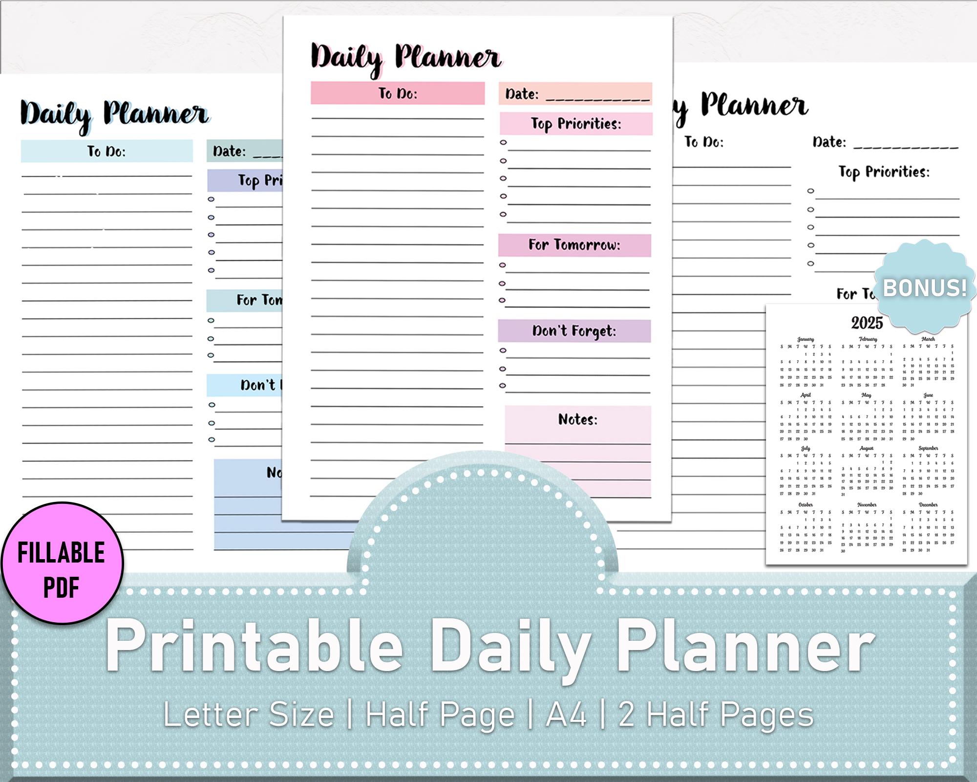 Printable Daily Planner Template: Fillable PDF, Multiple Sizes (digital ...