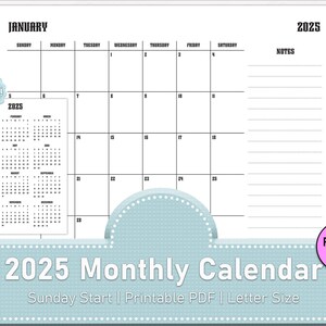 2025 Calendar 2025 Monthly Planner Fillable Minimalist Monthly Calendar Sunday Start Calendar 2025 Letter Size Wall Calendar Printable PDF
