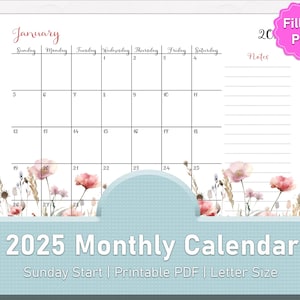 Kalender 2025 Floral 2025 maandplanner invulbare bloemen maandkalender zondag start kalender 2025 wandkalender Letter-formaat afdrukbare pdf