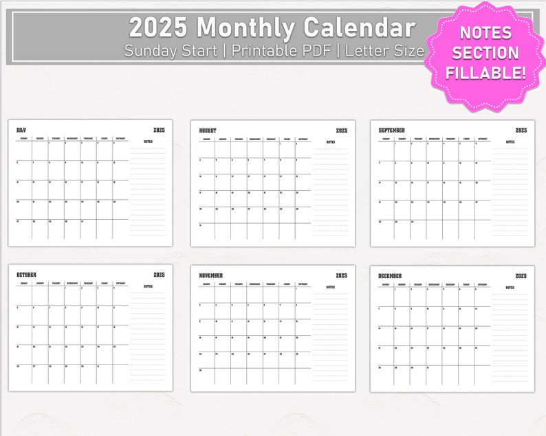2025 Calendar 2025 Monthly Planner Fillable Minimalist Monthly Calendar Sunday Start Calendar