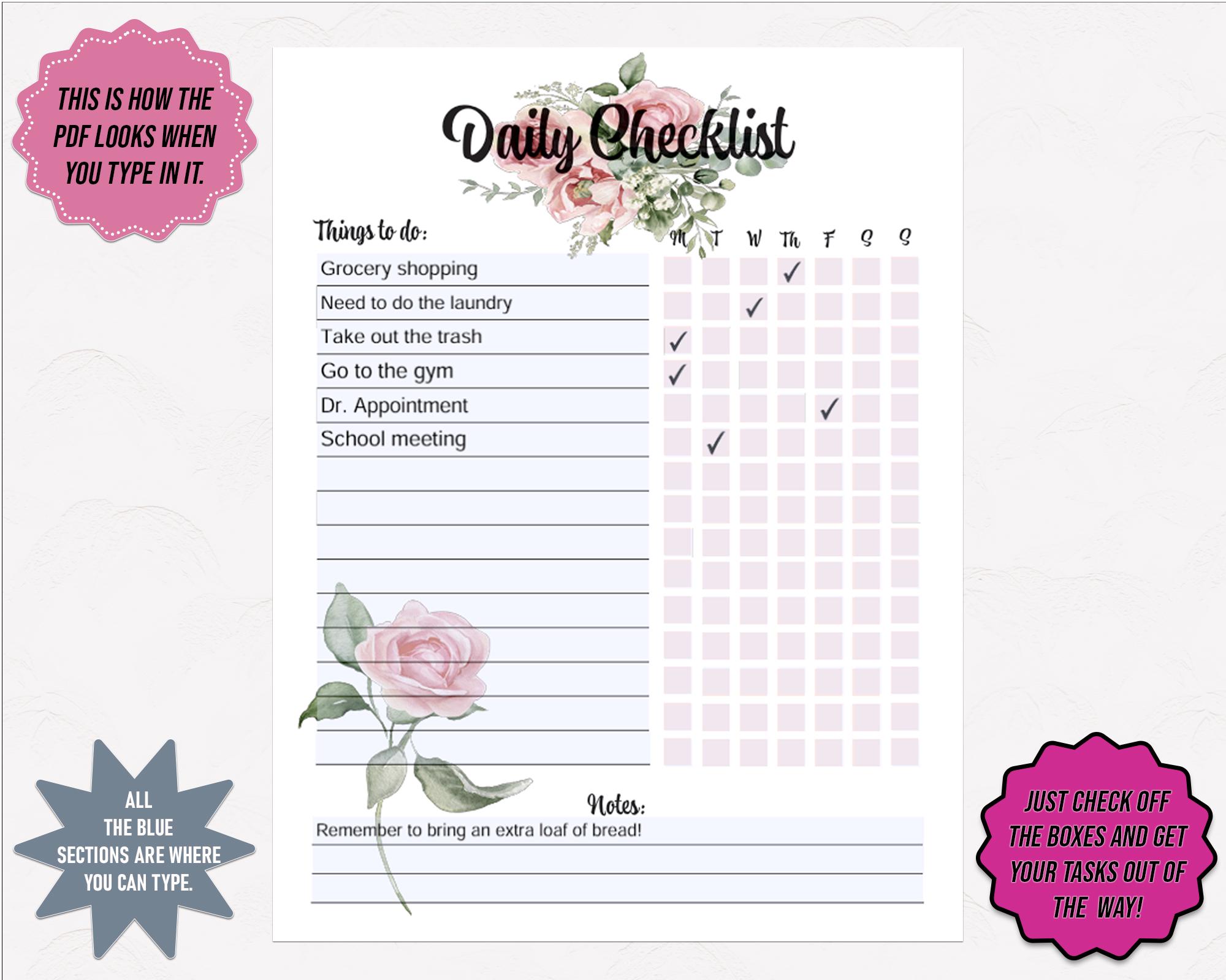 Printable Daily Checklist Planner: Floral PDF Organizer (PDF Download ...