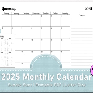 2025 Calendar 2025 Monthly Planner Fillable Minimalist Monthly Calendar Sunday Start Calendar 2025 Letter Size Wall Calendar Printable PDF