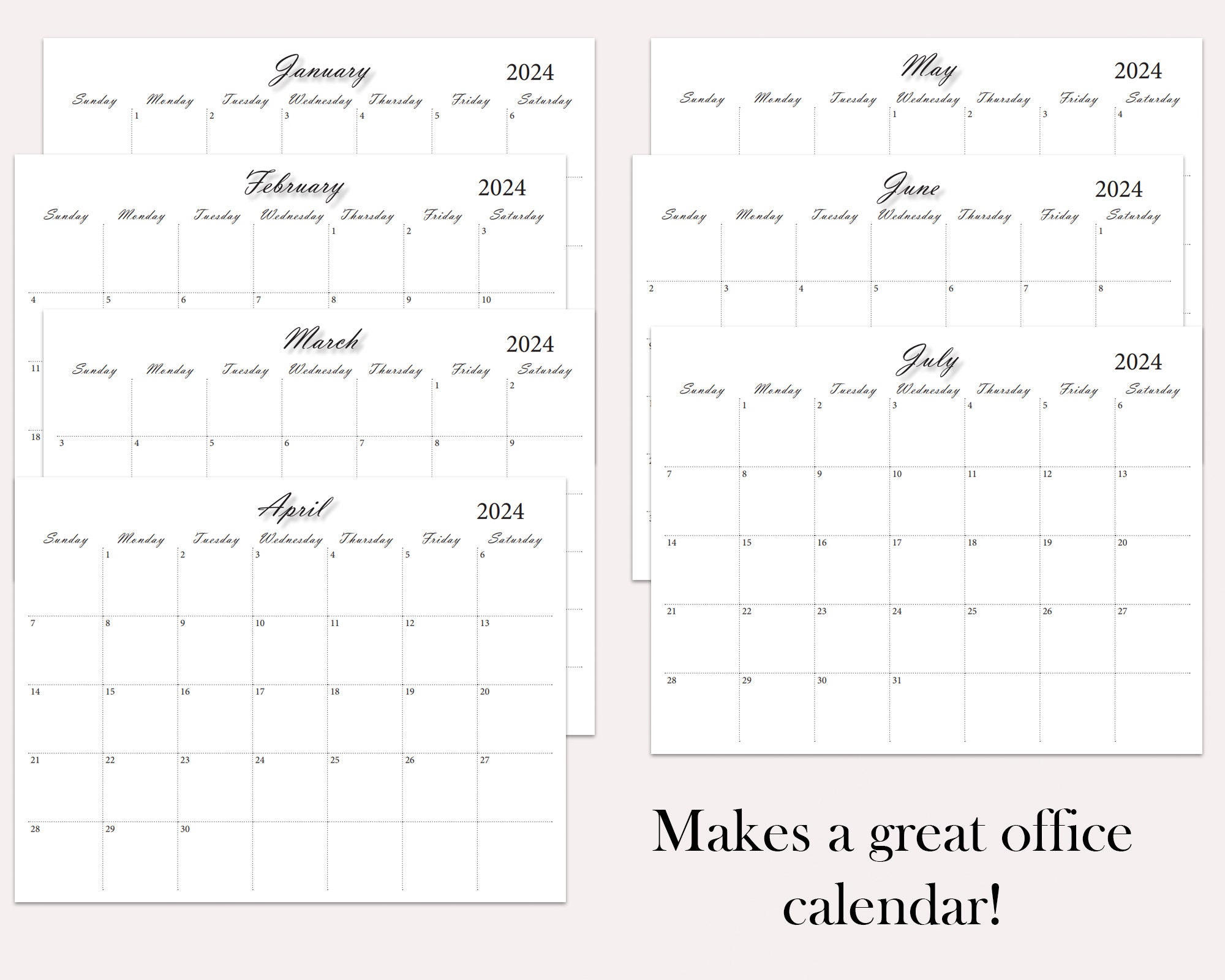 2024 Calendar PDF Calendar Digital Download Printable Calendar Office ...