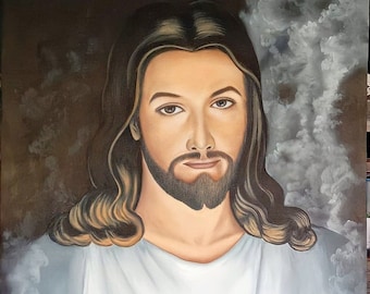 May include: A painting of Jesus Christ with a crown of thorns and a flaming heart on his chest. The background is a dark brown with clouds.