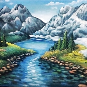 Winter Wonderland Painting: Snowy Mountains and Flowing River with a Peaceful Holiday Spirit