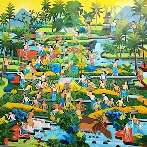 Painting of Balinese Village Life: Traditional Harvest Scene