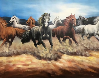 8頭の疾走する馬の絵画 ― 豊かさと成功をもたらす風水壁画 - Etsy 日本