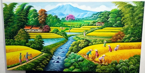 穏やかな田んぼと流れる川 - 静かな村の生活を描いた風景画