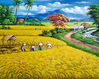 バリ島絵画　農村の棚田風景　油彩画 バリ島の棚田の油絵 - ウブドの風景画 - Etsy 日本